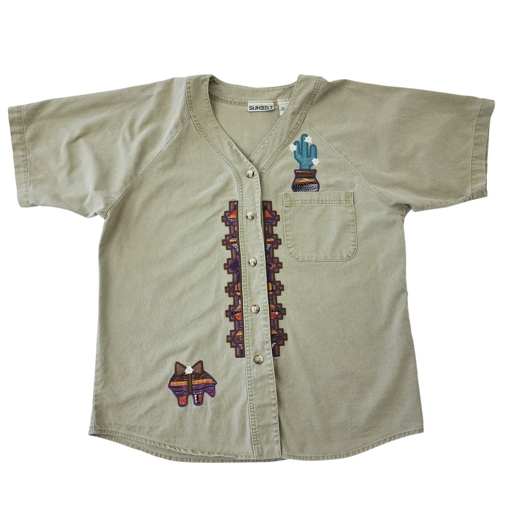 Vintage Sunbelt Southwest Cactus Embroidered Button Up Shirt Mens Medium Green